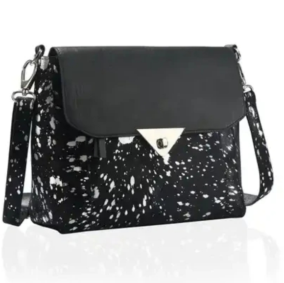 Cowhide Print Genuine Black Leather Crossbody Purse Print is Silver Splashes - Picture 5 of 8